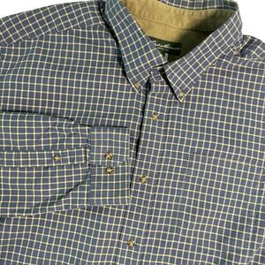 Eddie Bauer Flannel Shirt Mens 2XL Blue Windowpane Plaid Outdoors Hiking L/S